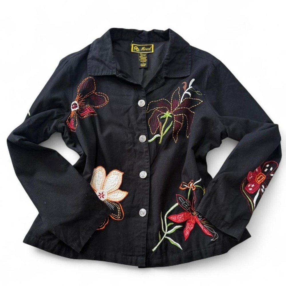 Vintage 90s Mirasol Black Floral Embroidered‎ Linen Blend Jacket, Women's Size L